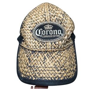 Vintage Corona Hat Rattan Wicker Black Straw Baseball Trucker Hat Adjustable